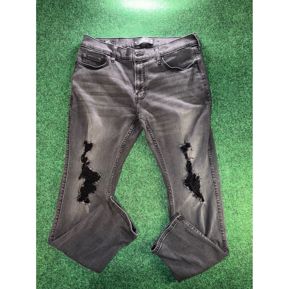 Hollister Mens Skinny Advanced Stretch Ripped Distressed Black Jeans 34x30